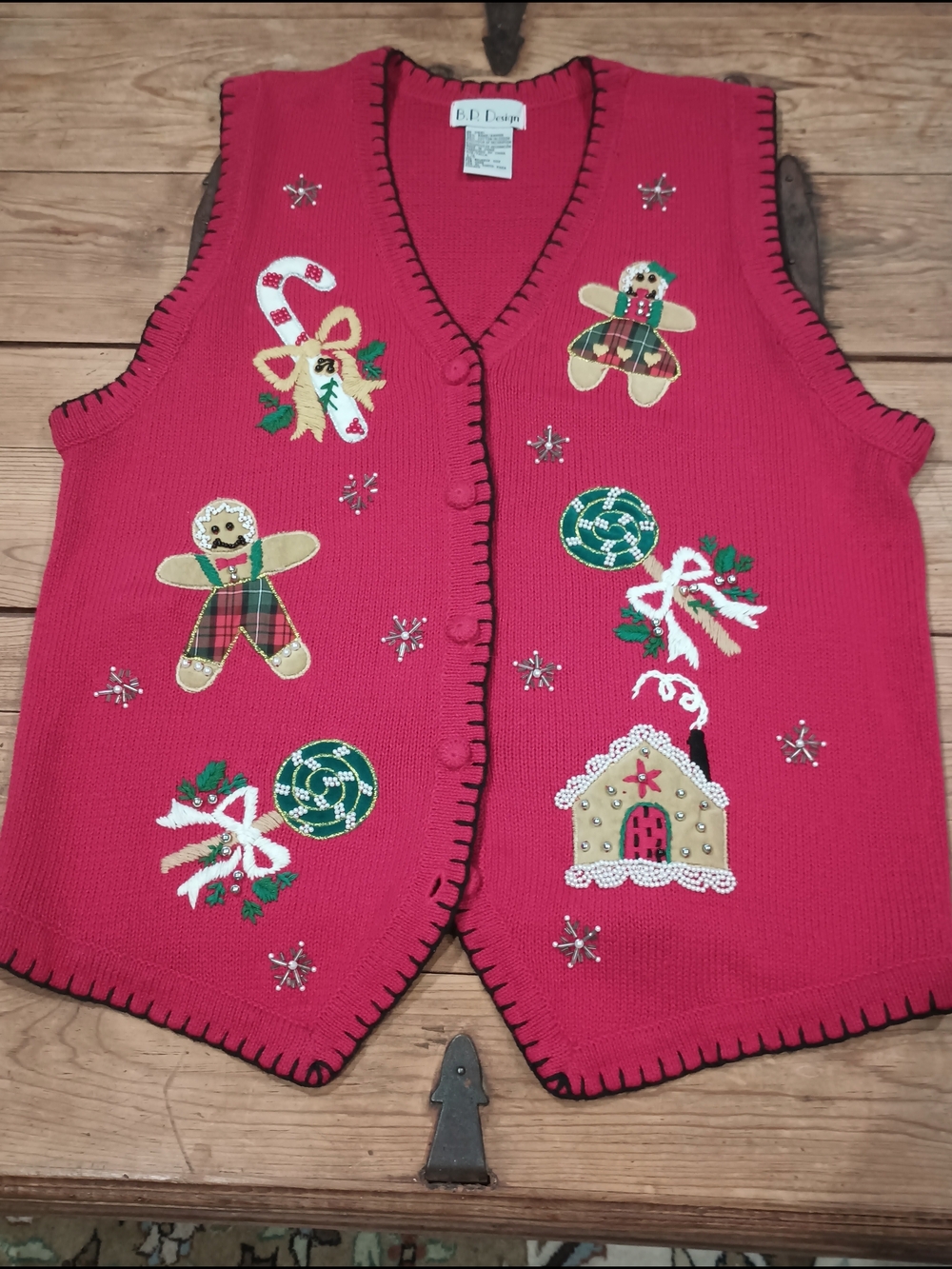 VTG B.P. Design Red Christmas Vest Beaded Gingerbread House L